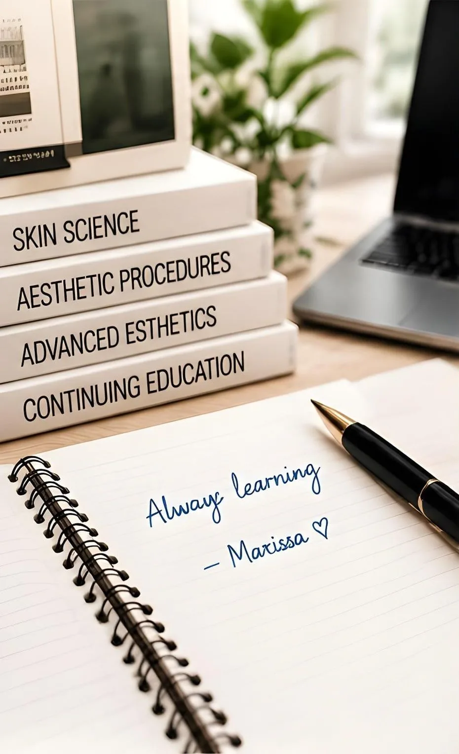 A stack of books on skin science and aesthetics beside a notebook reading: Always learning — Marissa