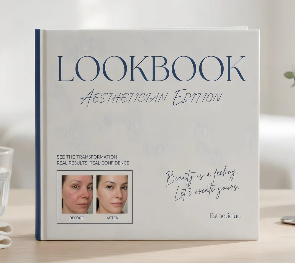 A closed lookbook standing on a treatment-room table