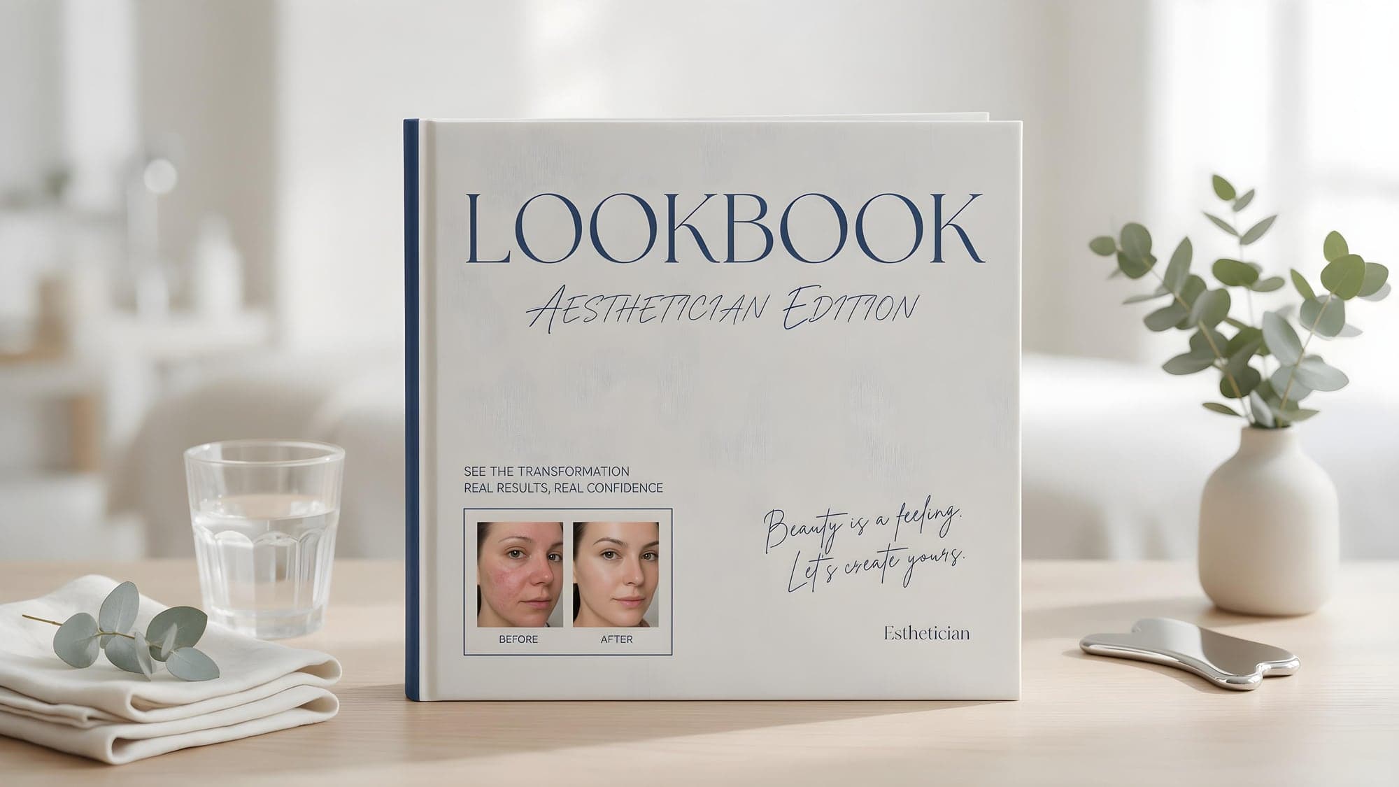 A closed lookbook standing on a treatment-room table beside a glass of water and a sprig of eucalyptus