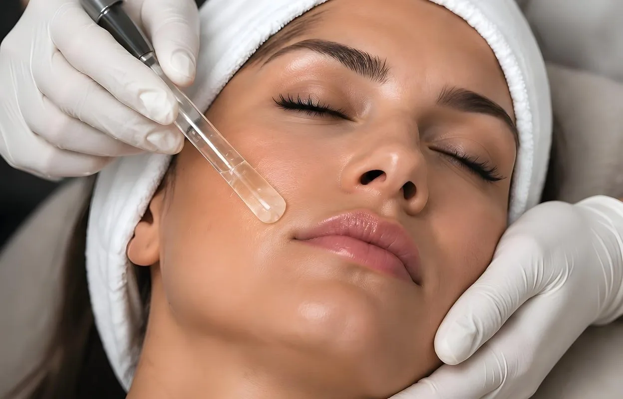 Marissa treating a client's skin, gloved, mid-treatment