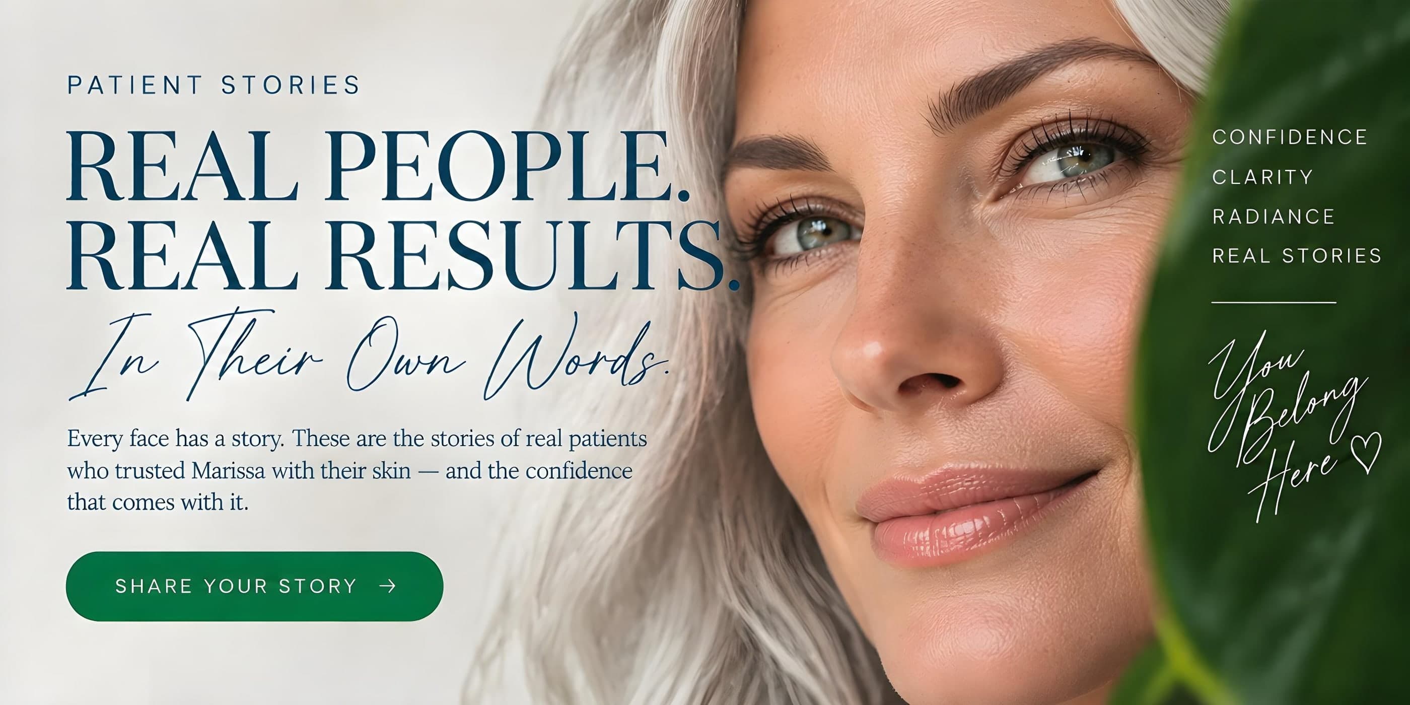 A smiling woman with silver hair beside a deep green leaf. Lettered over the leaf: Confidence, clarity, radiance, real stories. You belong here.