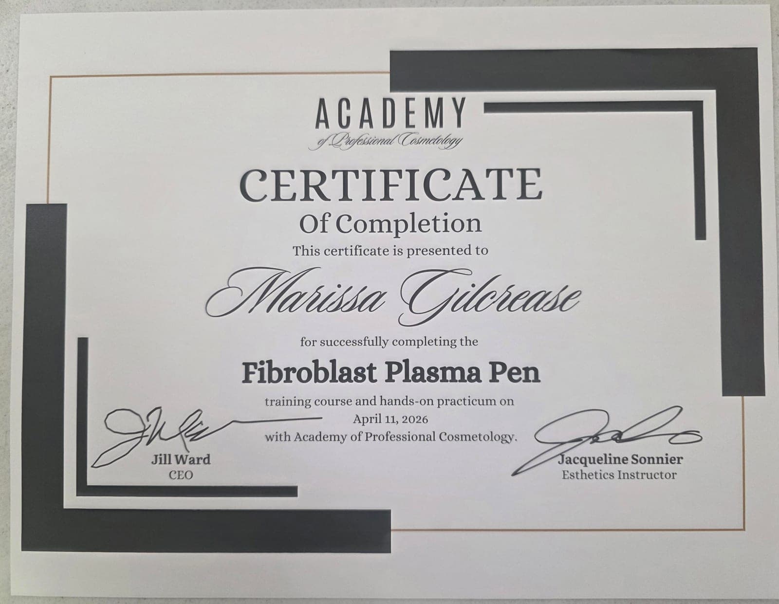 Academy of Professional Cosmetology — Fibroblast Plasma Pen certificate of completion