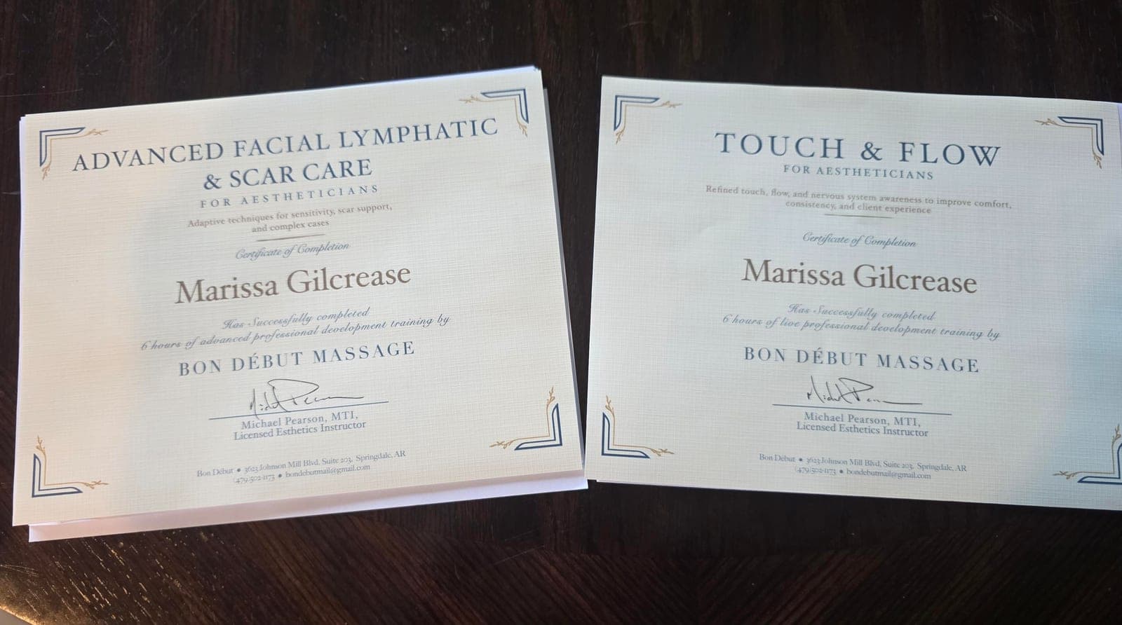 Two Bon Début Massage certificates — Advanced Facial Lymphatic & Scar Care, and Touch & Flow for Aestheticians