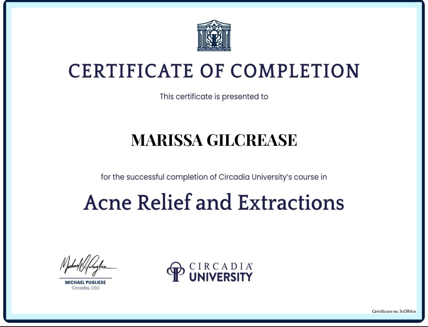Circadia University certificate — Acne Relief and Extractions