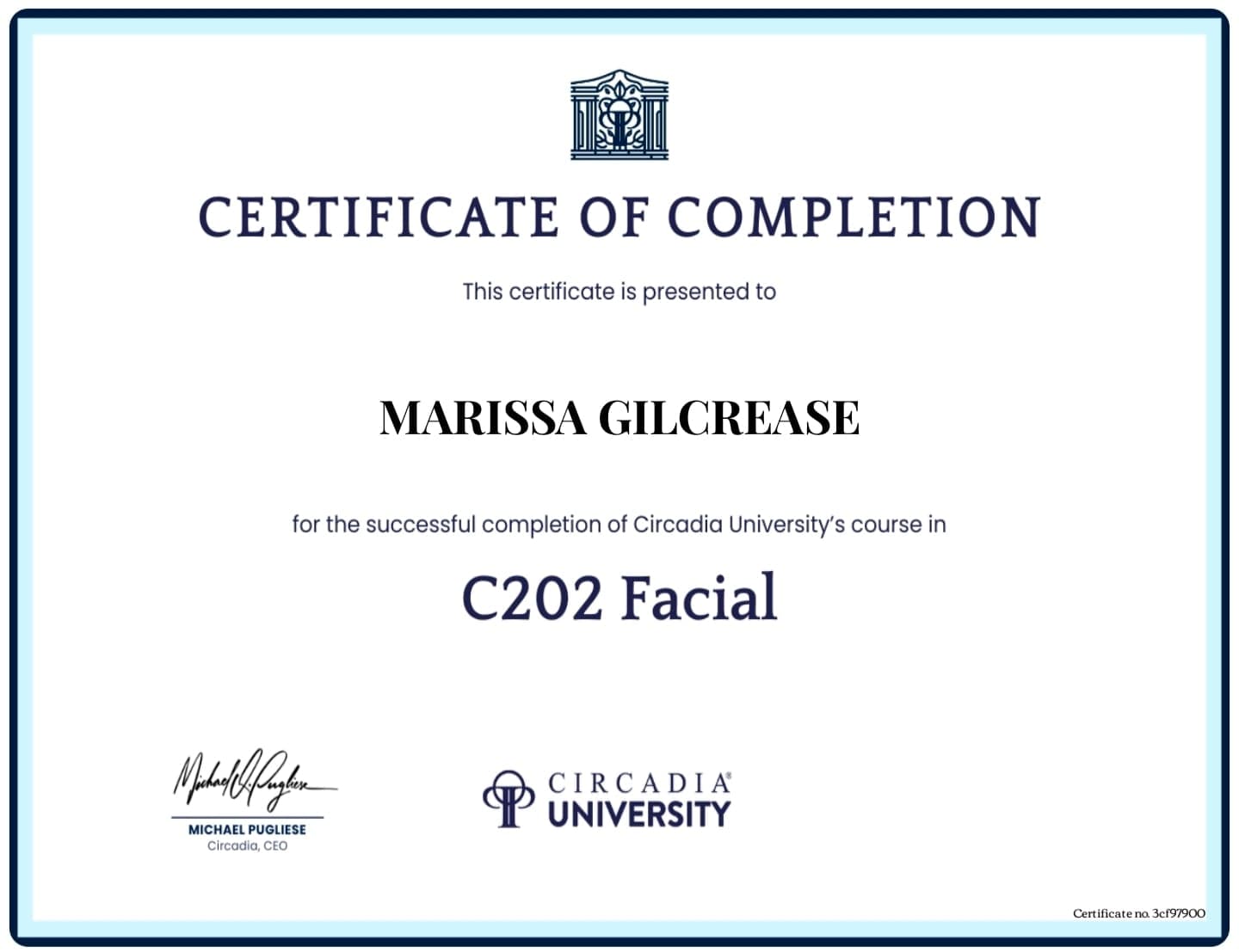 Circadia University certificate — C202 Facial