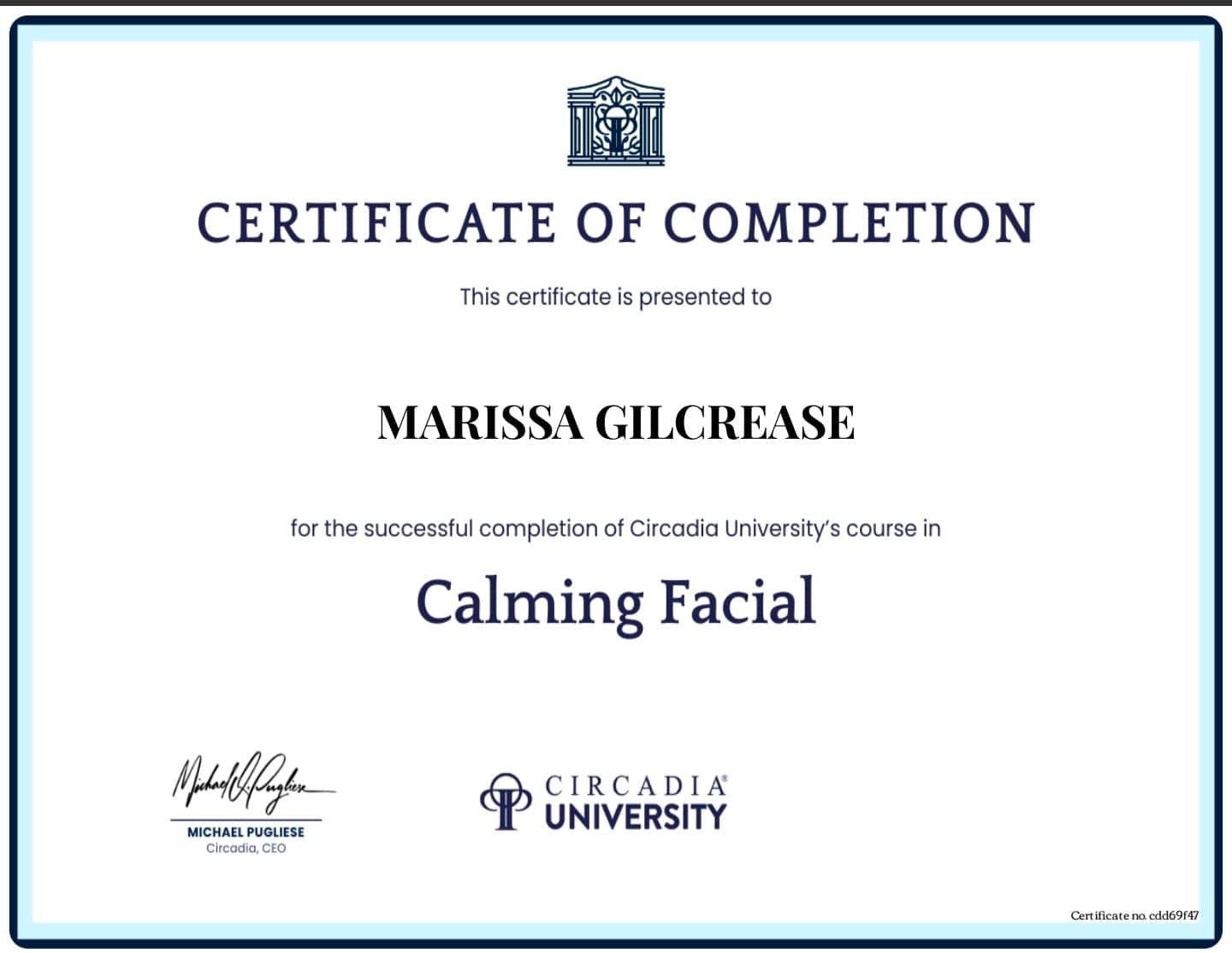 Circadia University certificate — Calming Facial