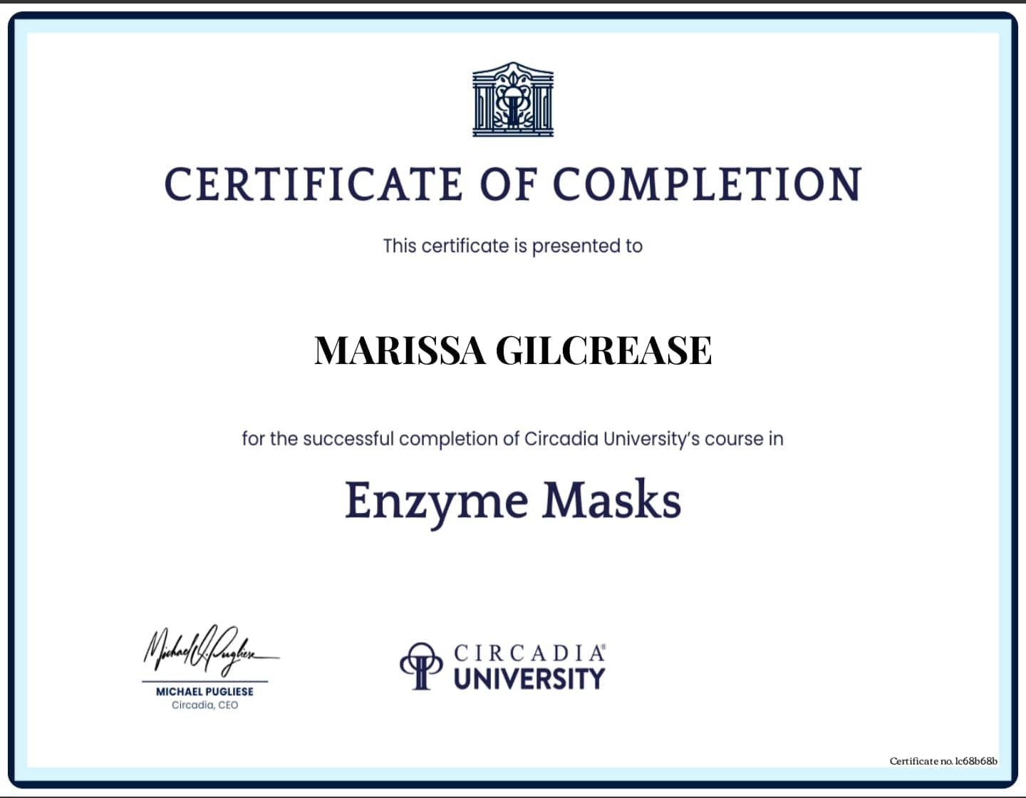 Circadia University certificate — Enzyme Masks