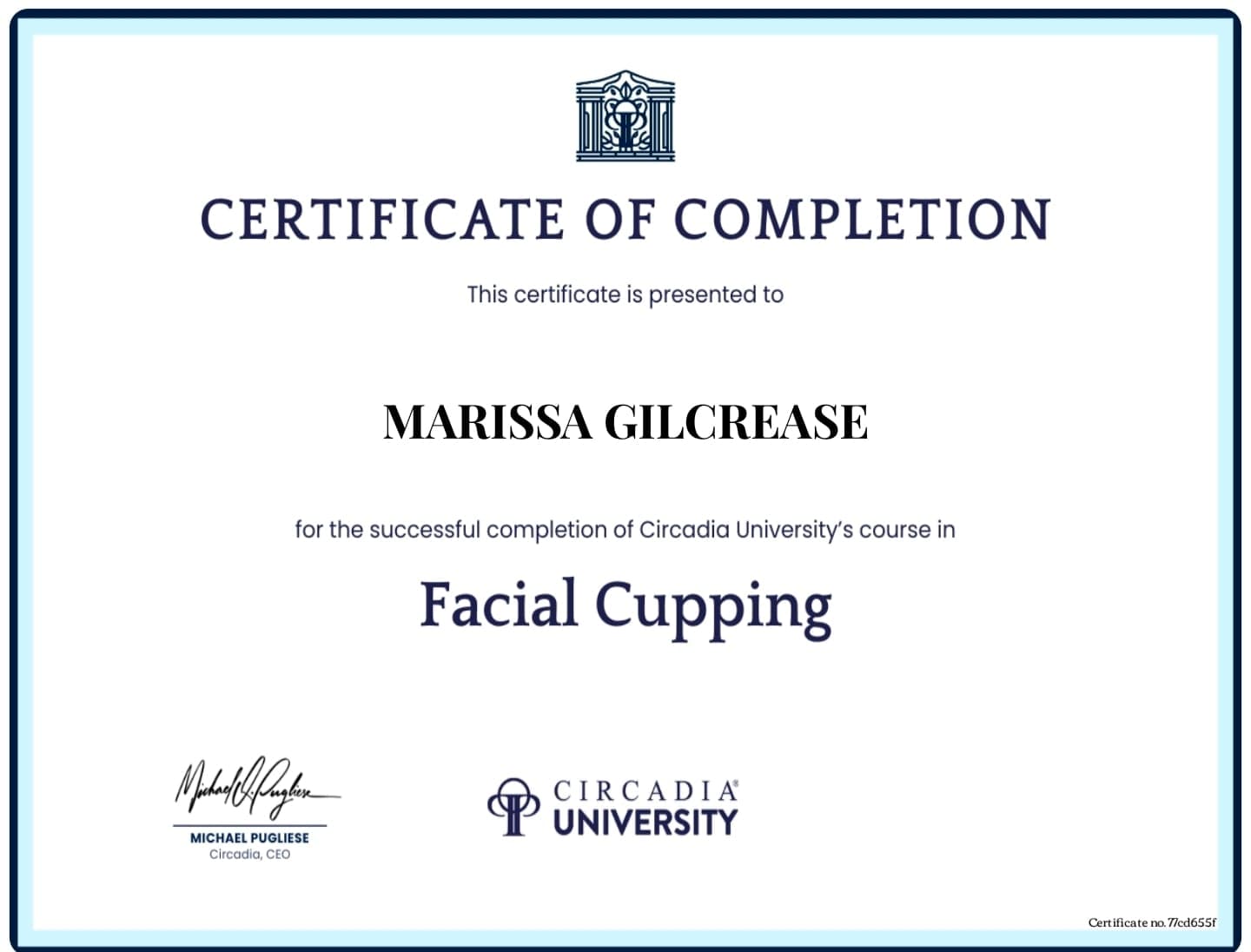 Circadia University certificate — Facial Cupping