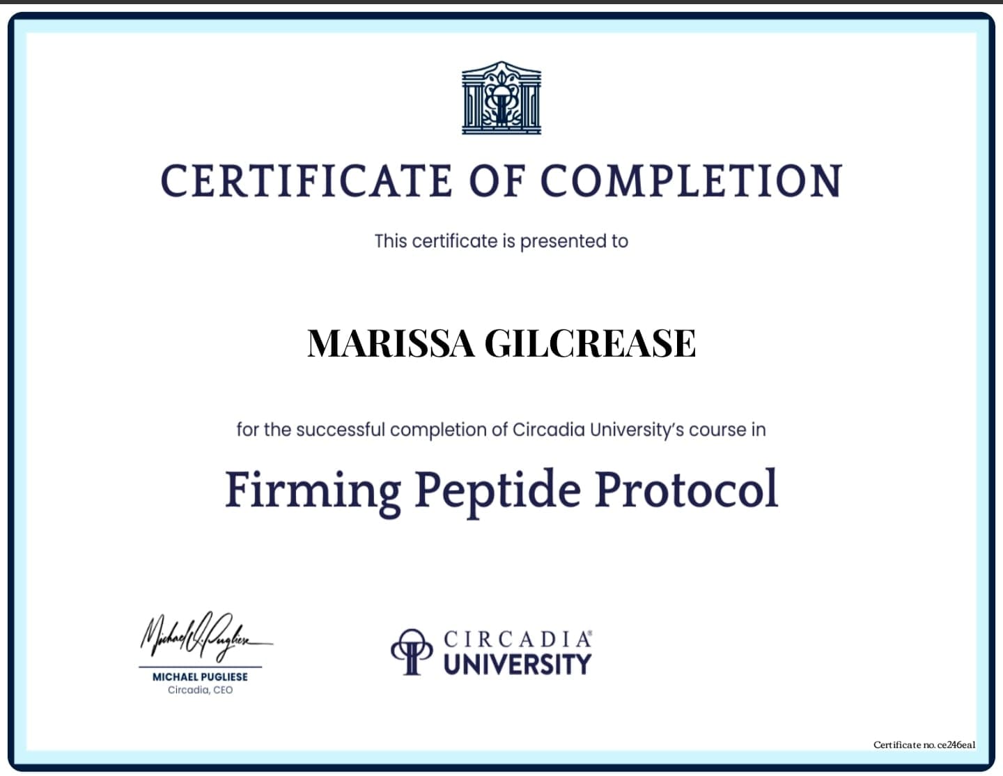 Circadia University certificate — Firming Peptide Protocol
