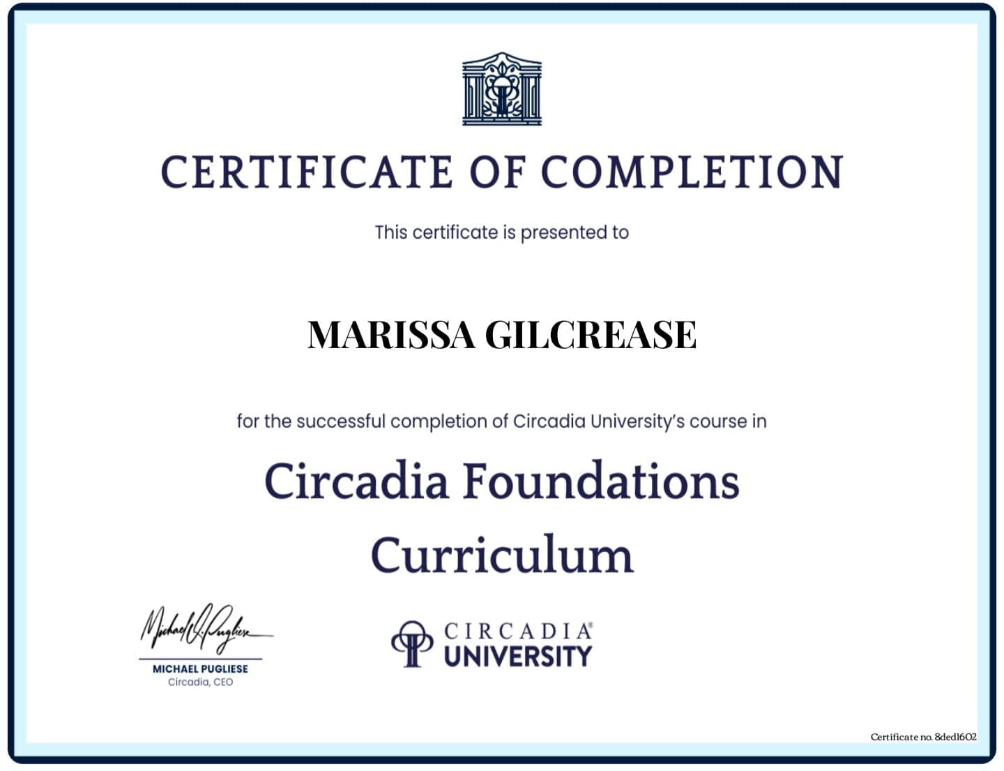 Circadia University certificate — Foundations Curriculum