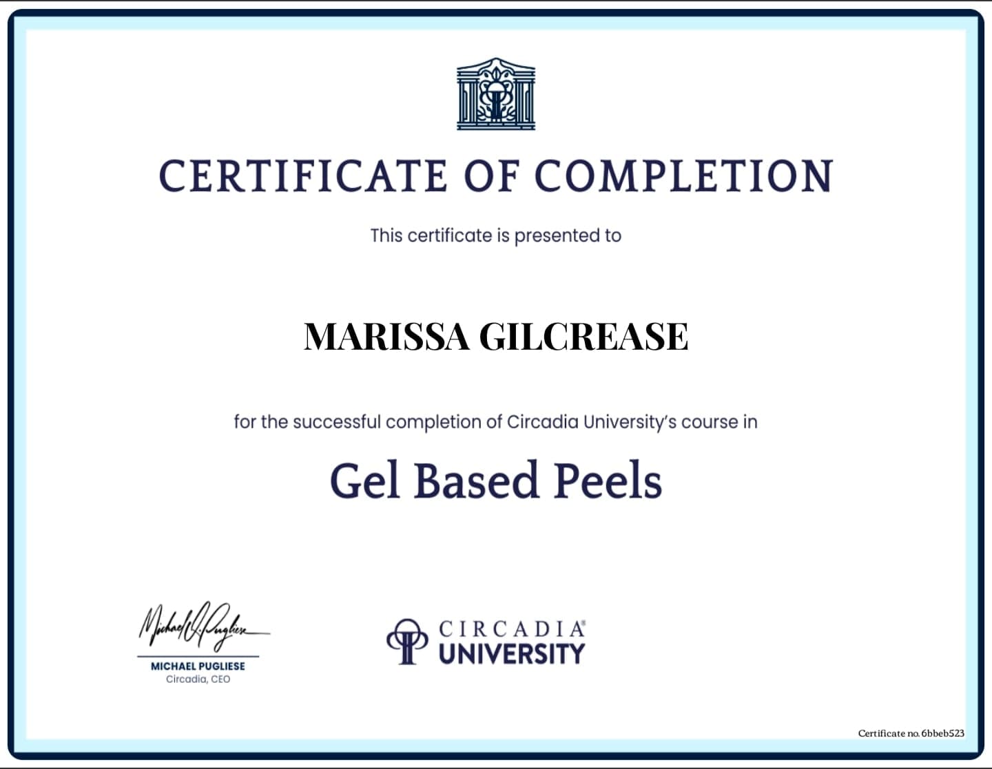 Circadia University certificate — Gel Based Peels