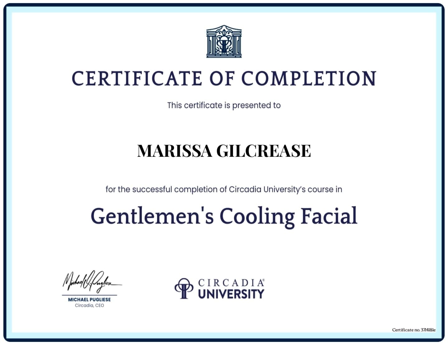 Circadia University certificate — Gentlemen's Cooling Facial