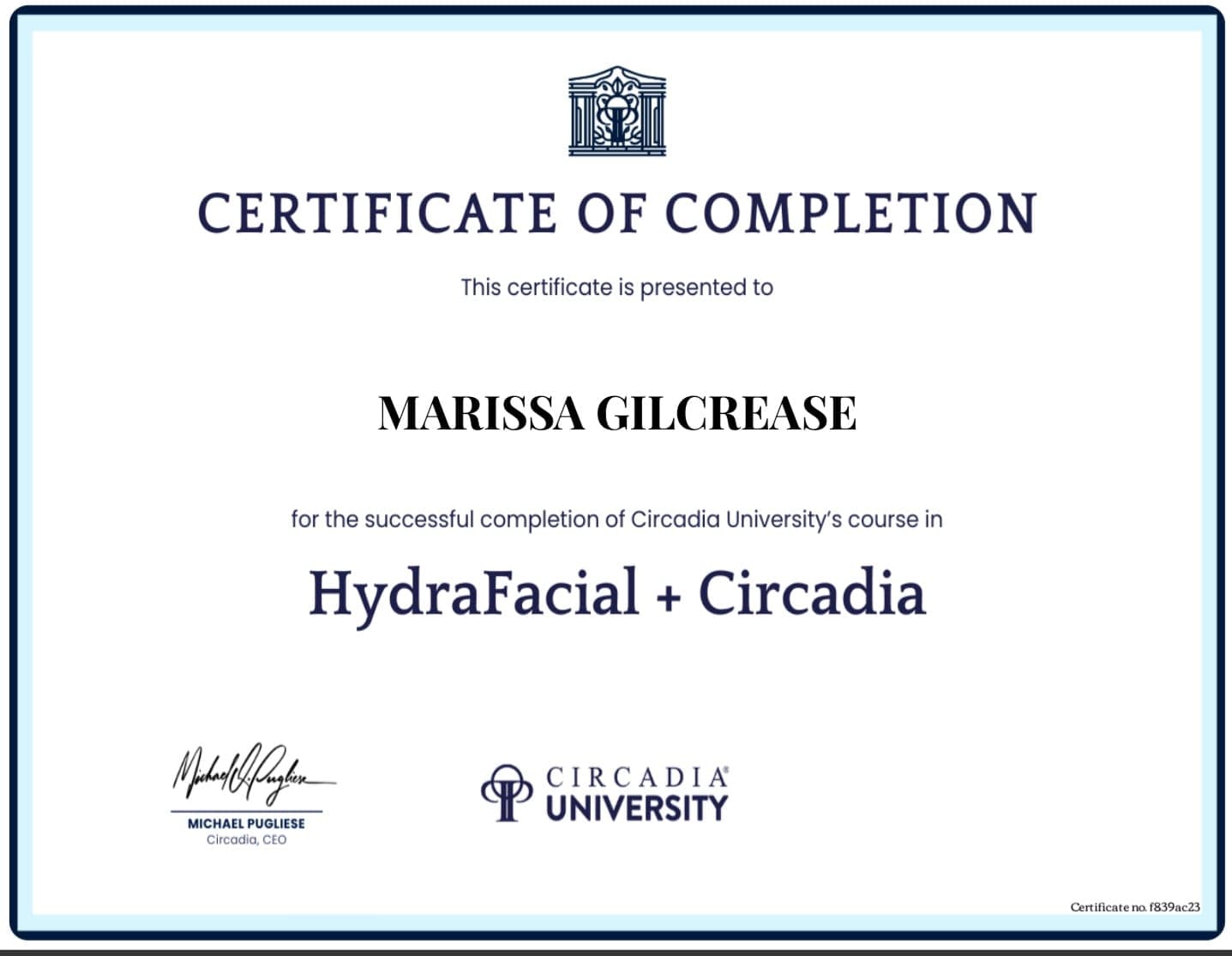 Circadia University certificate — HydraFacial + Circadia