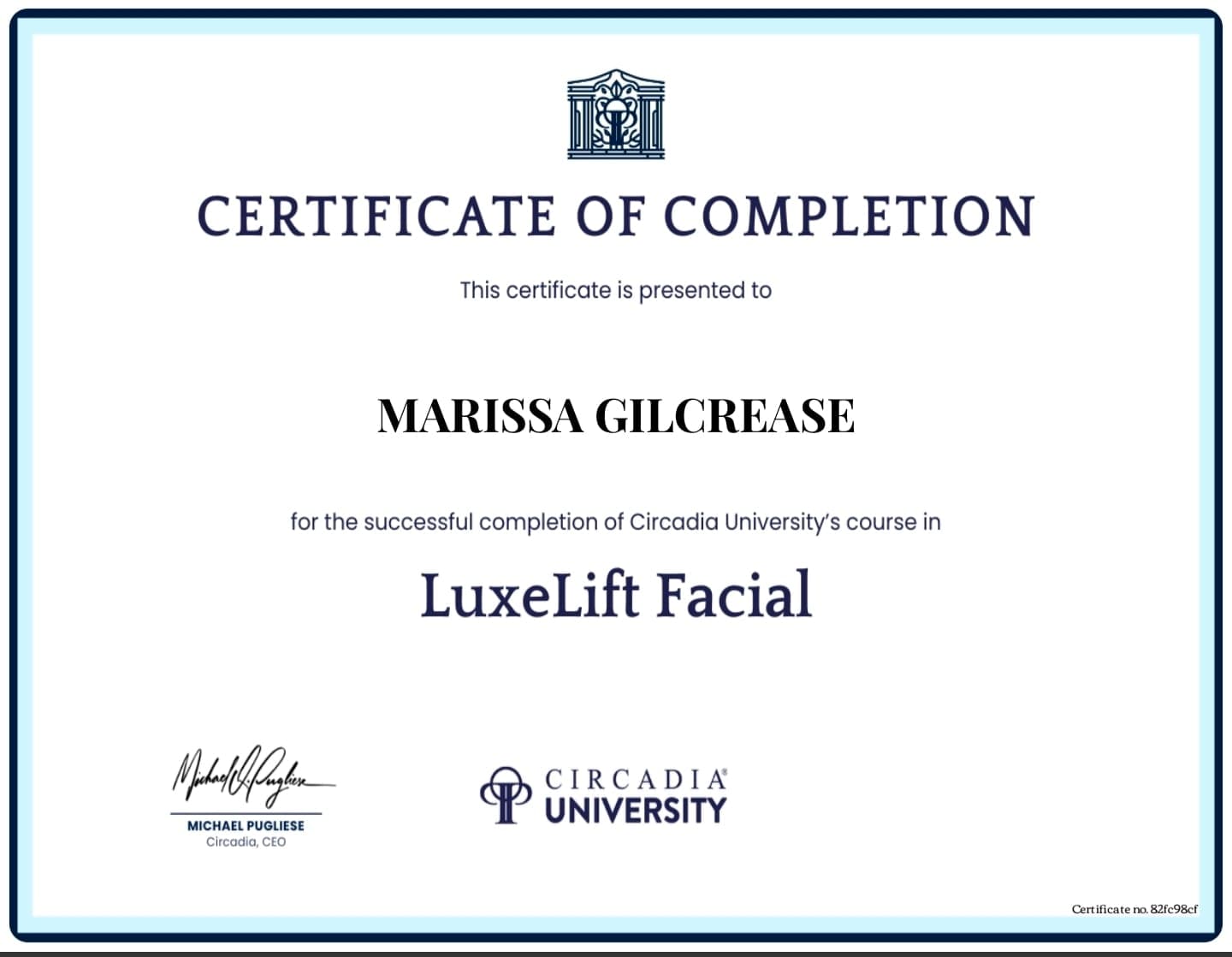 Circadia University certificate — LuxeLift Facial