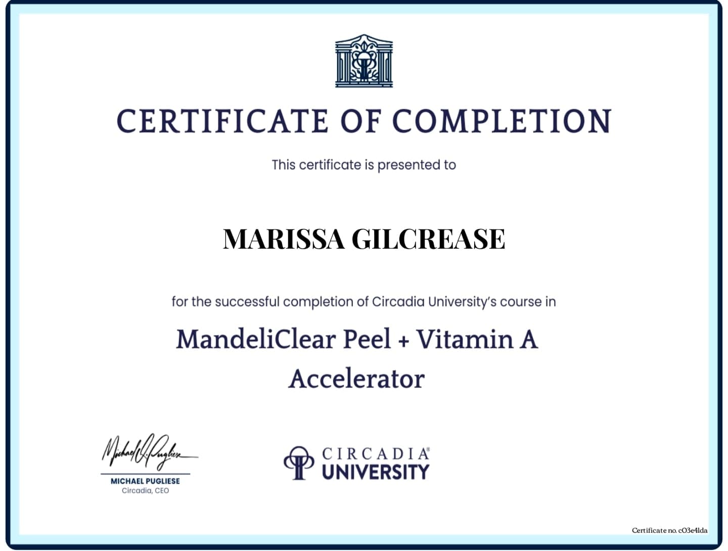 Circadia University certificate — MandeliClear Peel + Vitamin A Accelerator