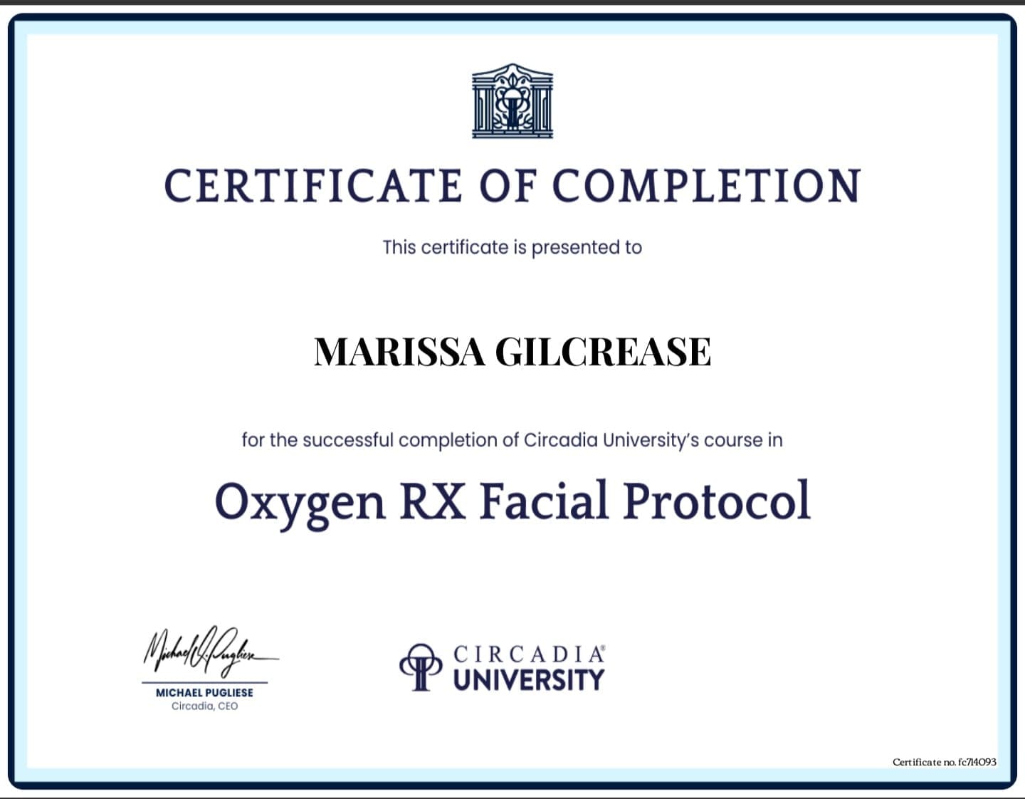 Circadia University certificate — Oxygen RX Facial Protocol