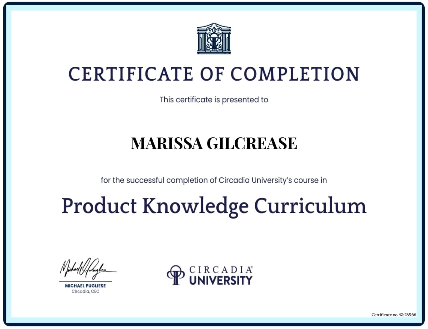 Circadia University certificate — Product Knowledge Curriculum