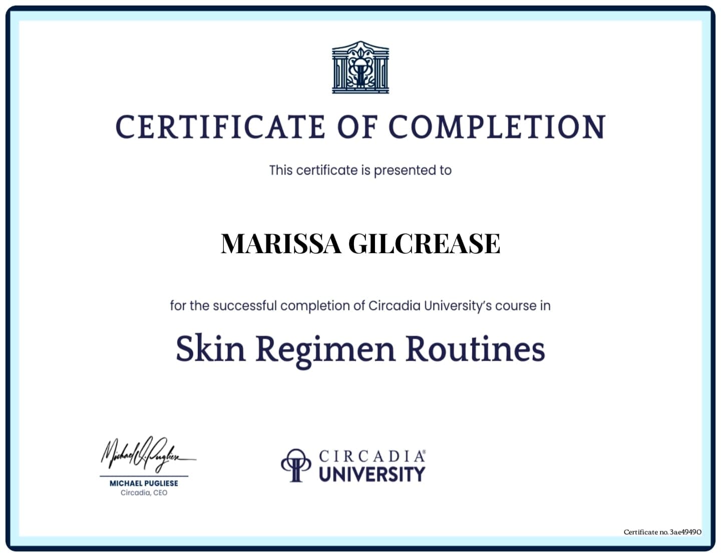 Circadia University certificate — Skin Regimen Routines