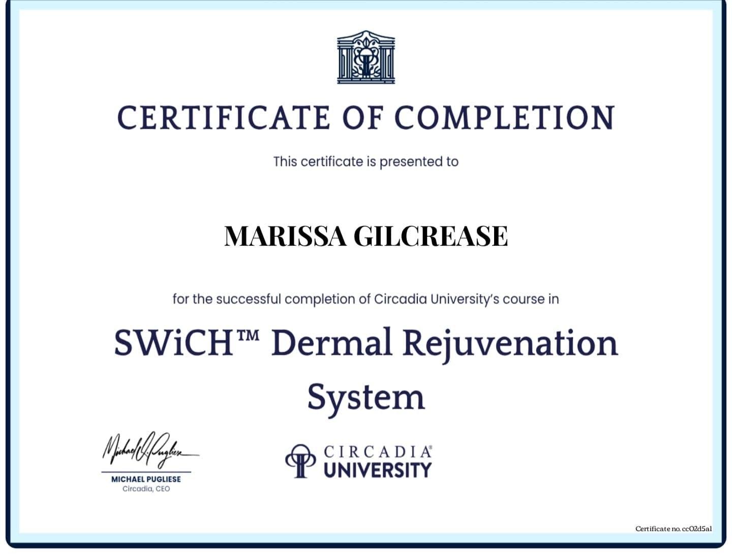 Circadia University certificate — SWiCH Dermal Rejuvenation System