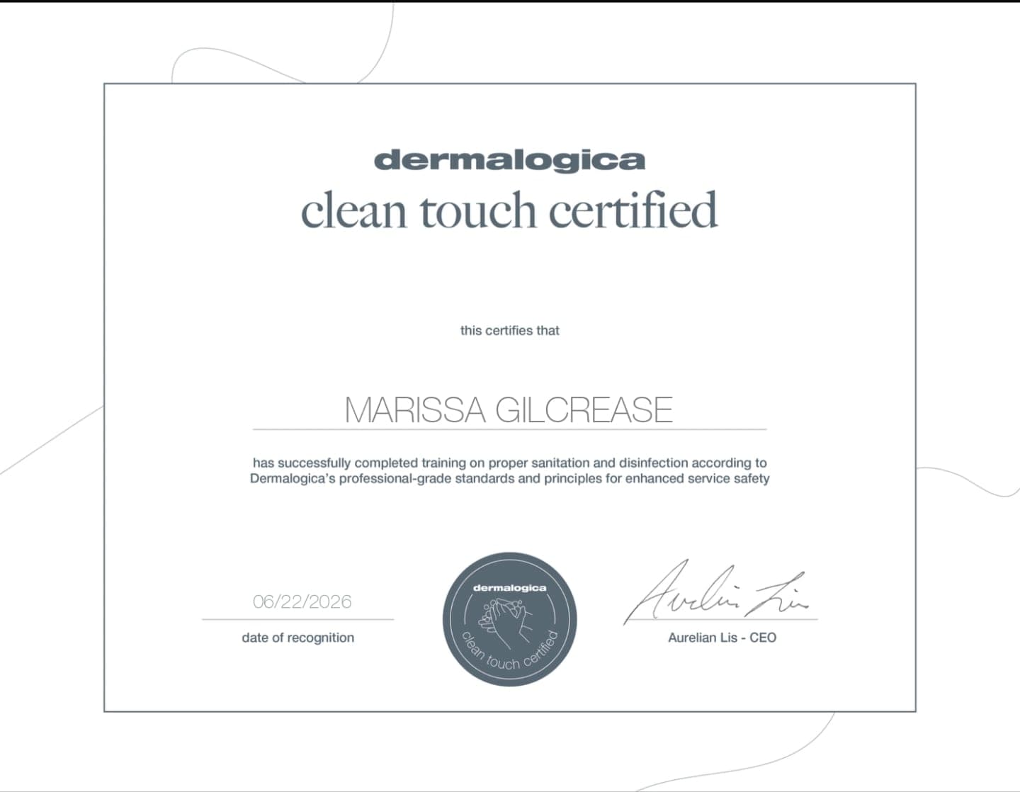 Dermalogica Clean Touch Certified certificate