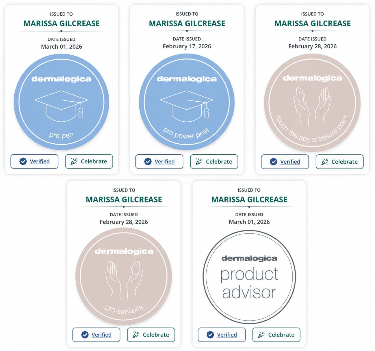 Five Dermalogica digital badges issued to Marissa Gilcrease