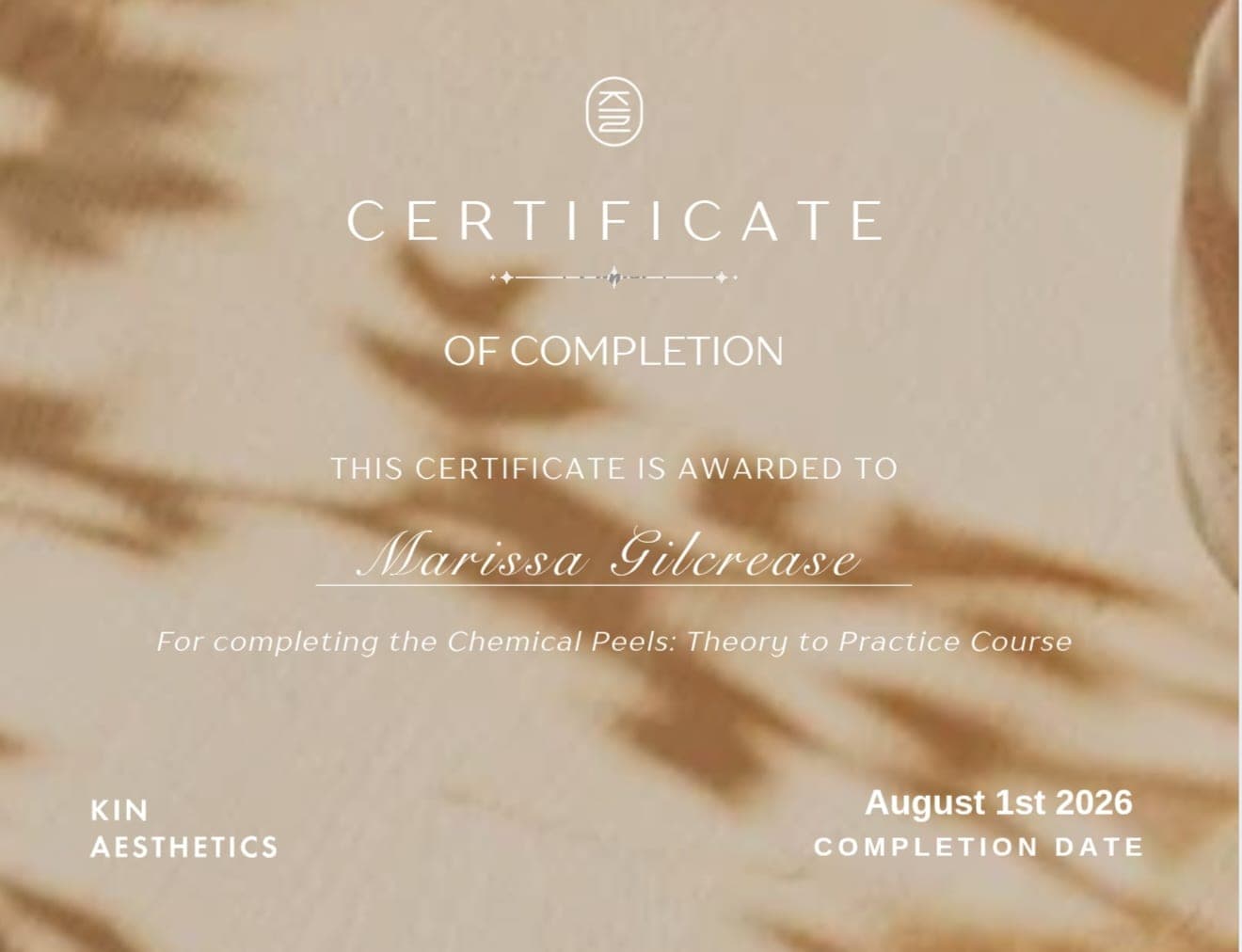 KIN Aesthetics certificate — Chemical Peels: Theory to Practice