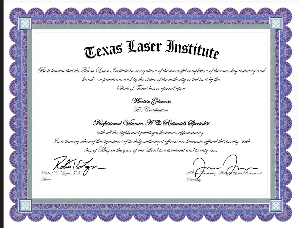 Texas Laser Institute — Professional Vitamin A & Retinoids Specialist certificate