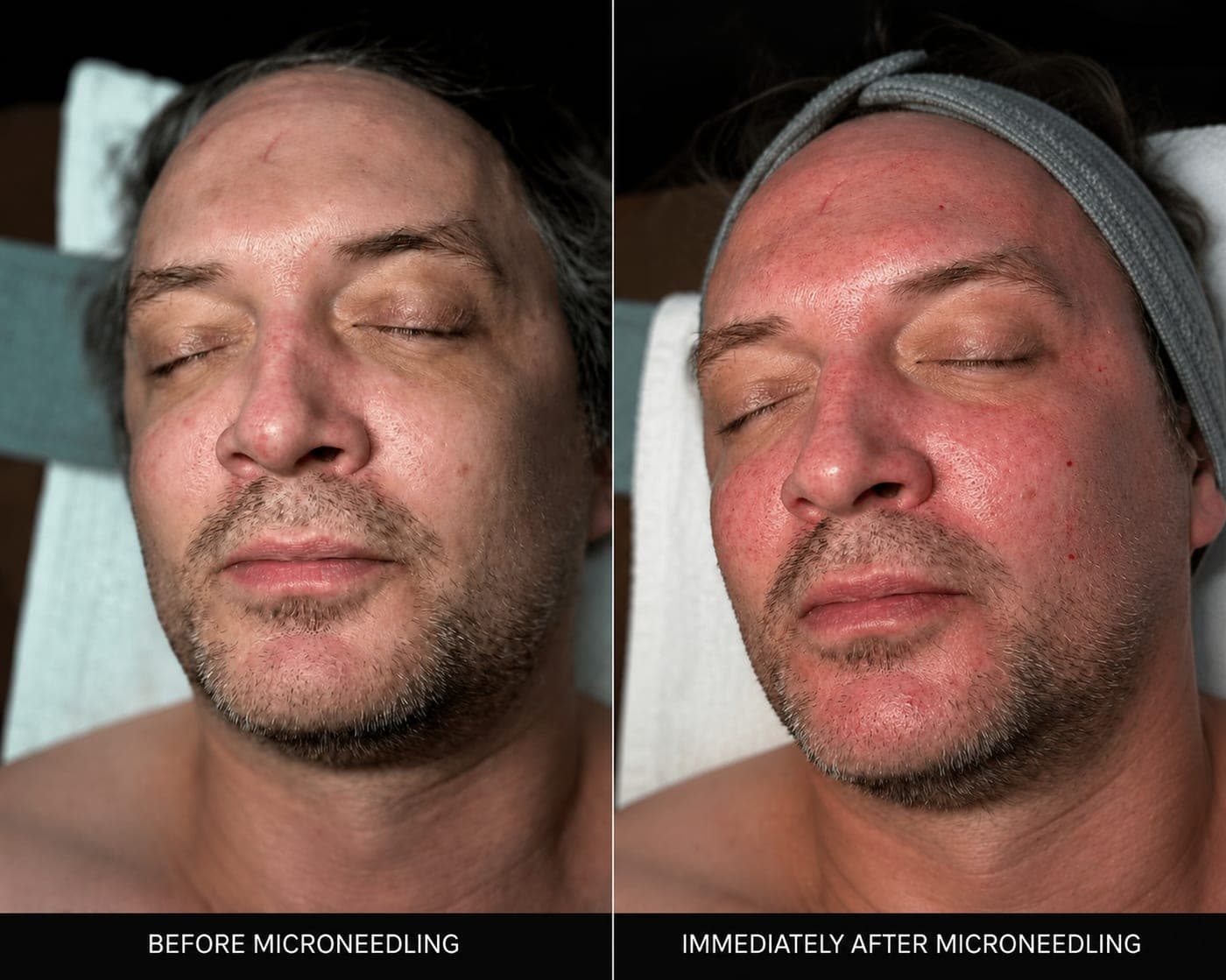 Before and immediately after a microneedling session