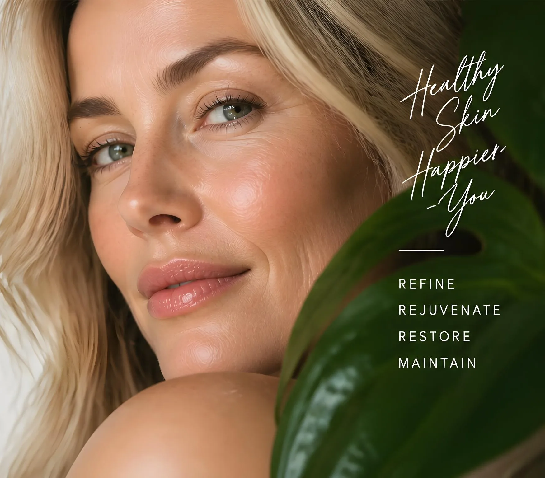 A woman with glowing skin beside a deep green leaf. Lettered over the leaf: Healthy skin, happier you. Refine, rejuvenate, restore, maintain.